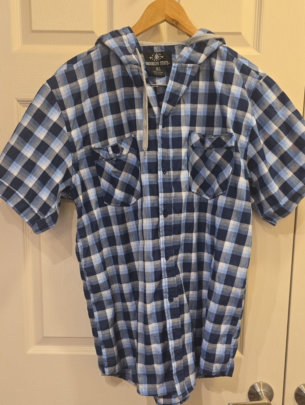 Men’s Short-Sleeve Hooded Plaid Shirt - Blue